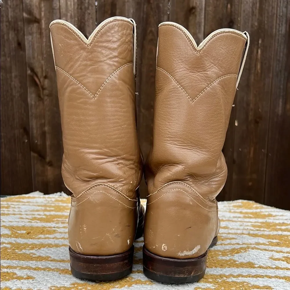 Justin Ropers Classic Tan Leather Cowboy Boots Goodyear Oil Resistant Sole Work - Picture 3 of 16
